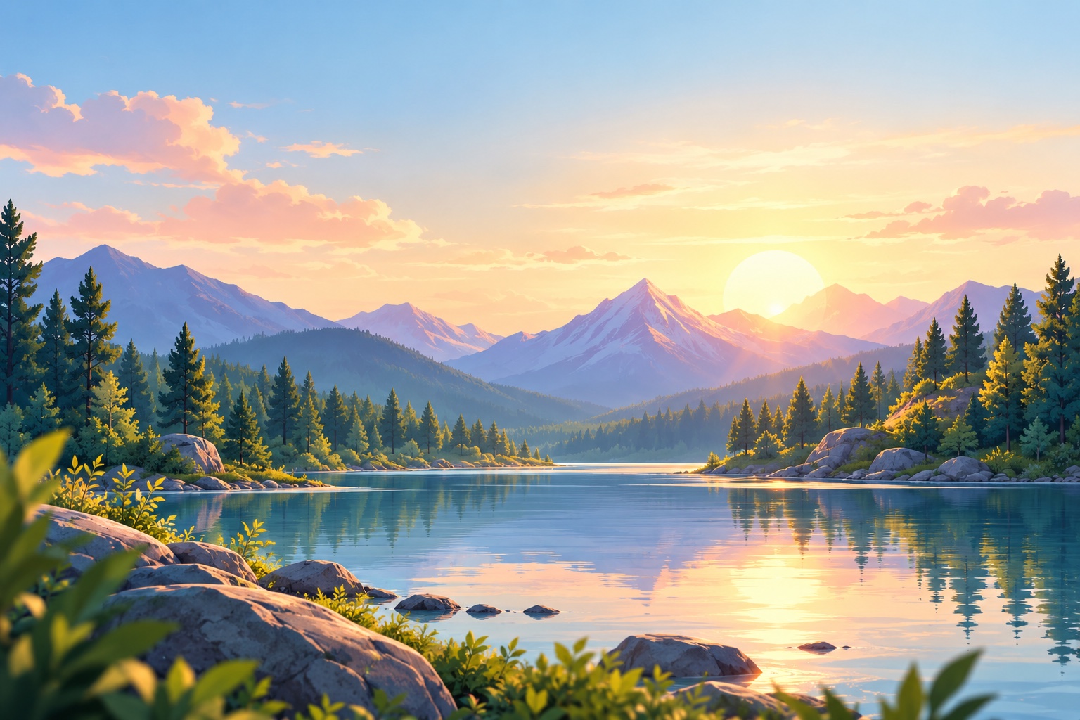 A calm mountain lake at sunrise, in a soft illustrated style