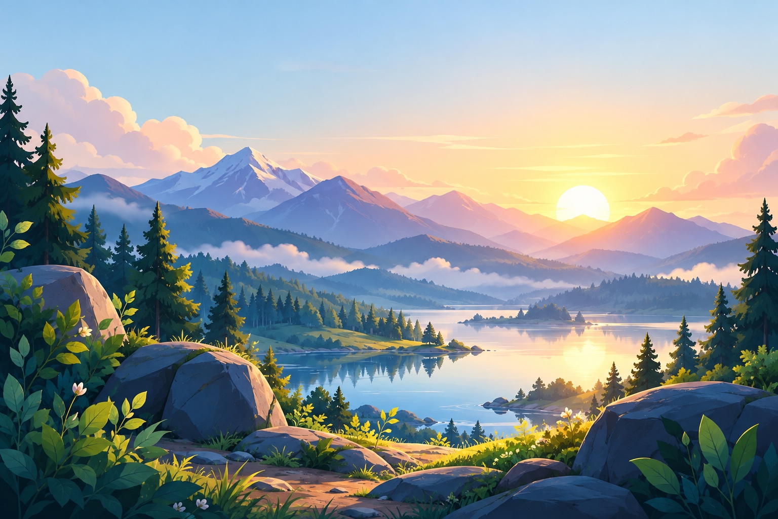 A calm lake surrounded by forested mountains at sunrise