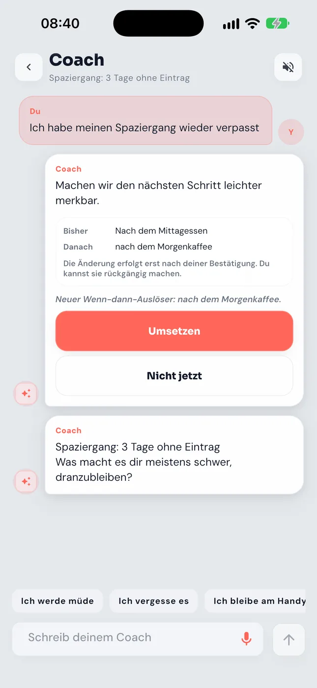 Pro: Der KI-Coach ändert den Plan nach deiner Zustimmung