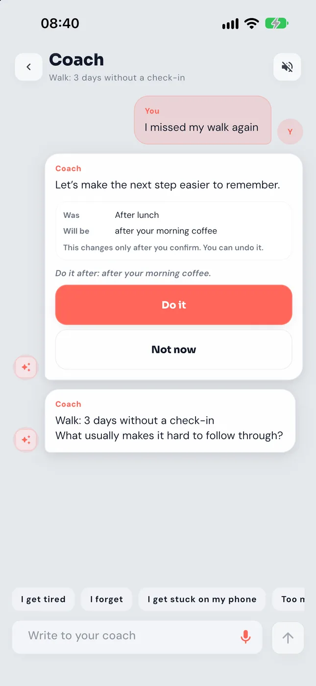 Pro: the AI coach changes the plan after you confirm