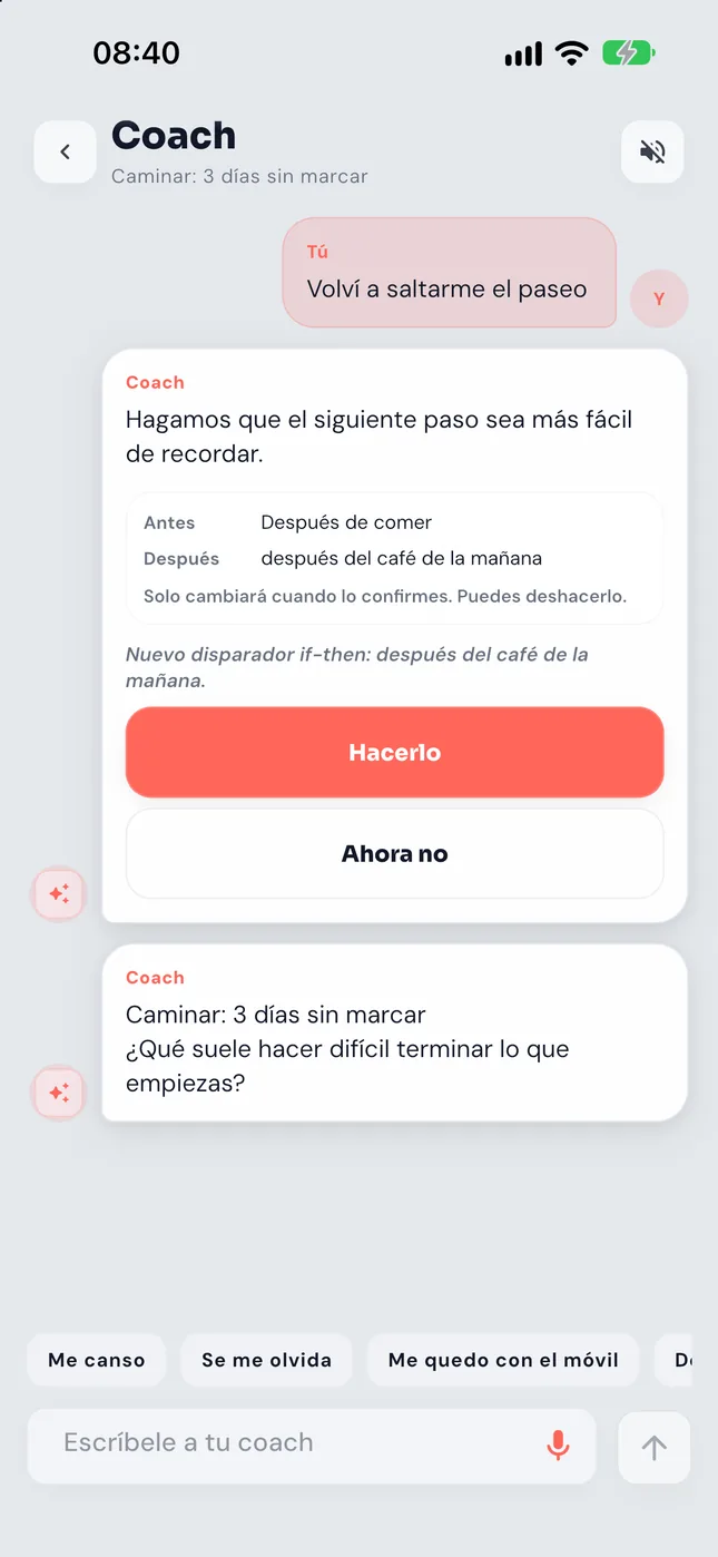 Pro: el coach con IA cambia el plan cuando lo confirmas