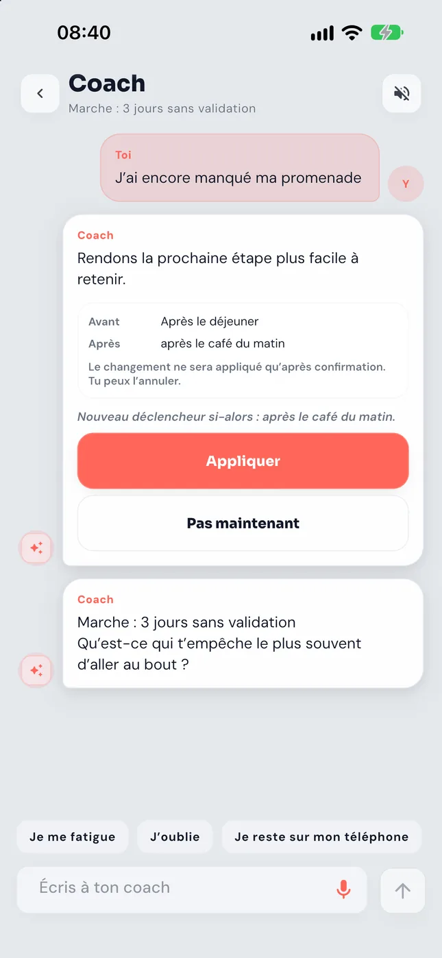 Pro : le coach IA change le plan après ta confirmation