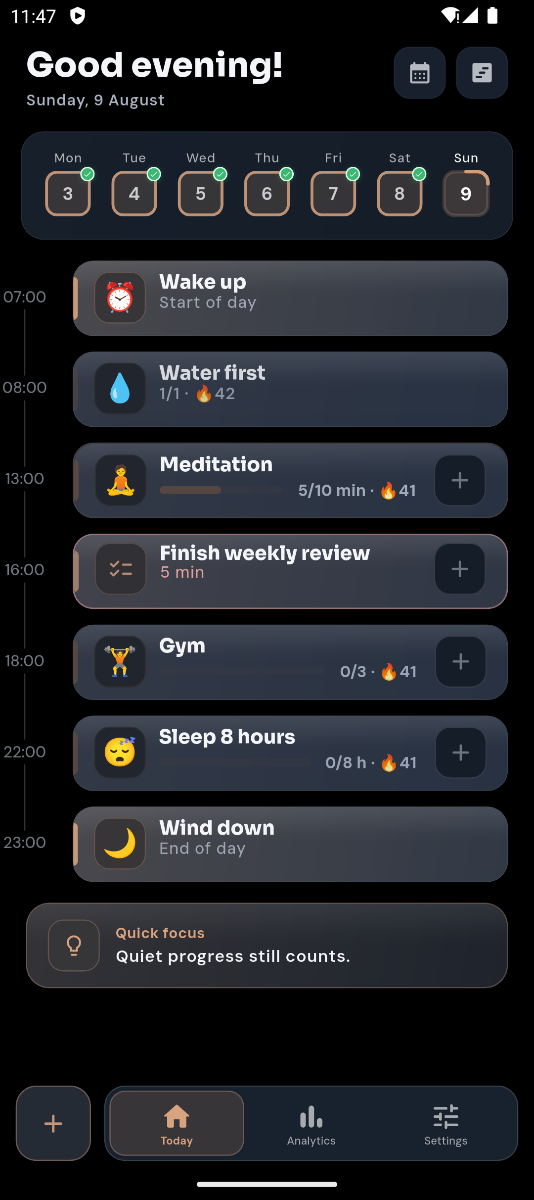 Current dark-theme LilCoach Today screen showing habits, planner tasks, and an evening routine