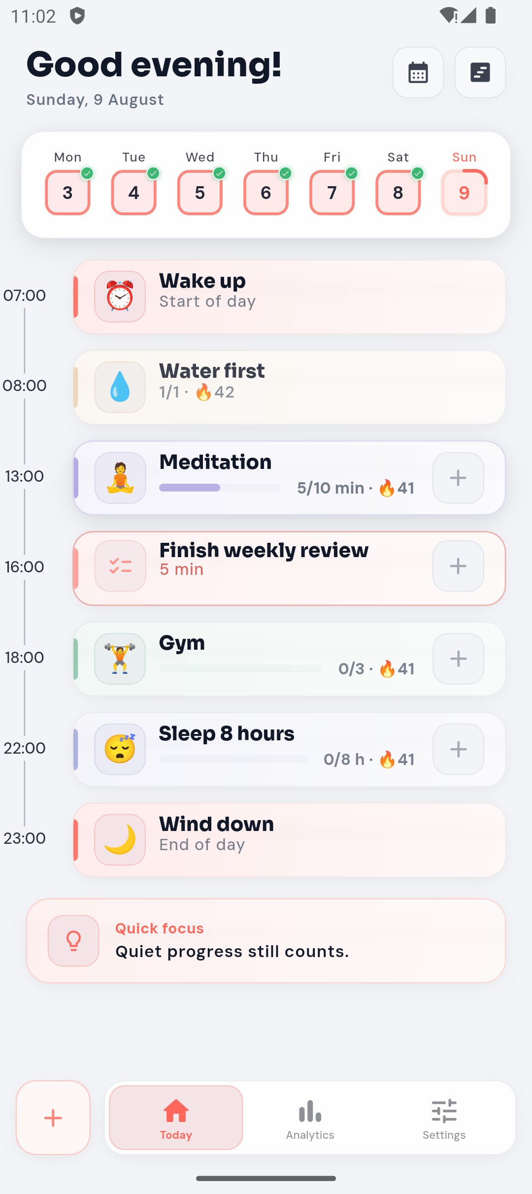 Current light-theme LilCoach Today screen showing habits and the daily plan